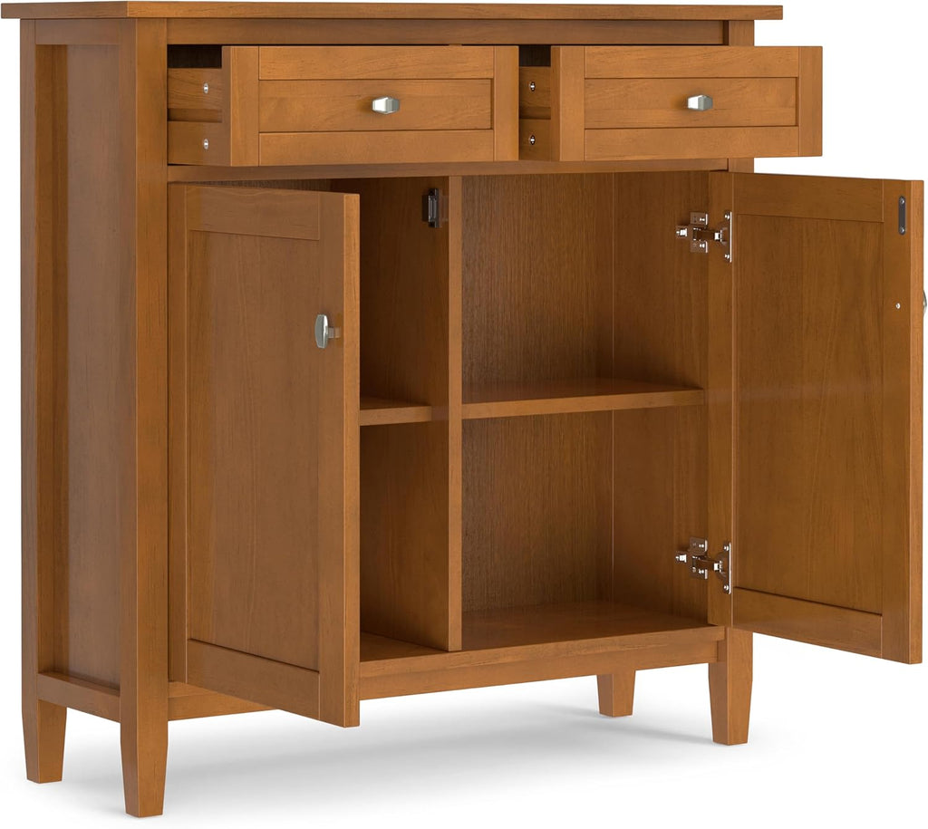 SIMPLIHOME Warm Shaker Storage Cabinet - 36 inch Wide Solid Wood 2-Shelf Entryway Storage Cabinet in Light Golden Brown, Transitional Accent Cabinet for Entryway with Drawers and Adjustable Shelves