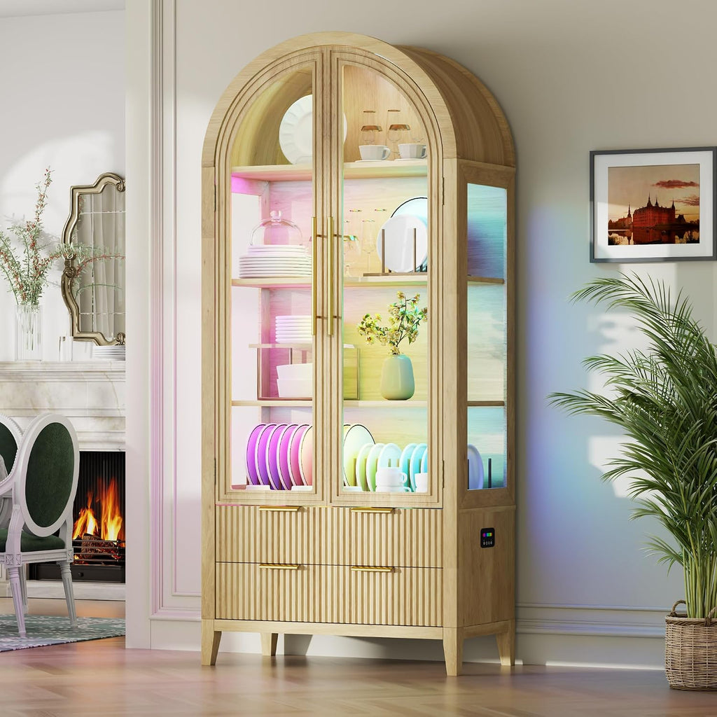 Vlsrka 71' Arched RGB Curio Cabinet with Glass Doors, 4-Shelves Tall Display Cabinet and 2 Drawers, LED Display Case with 20 Lights for Collectibles/Book/Medal/Figure, Wood Color