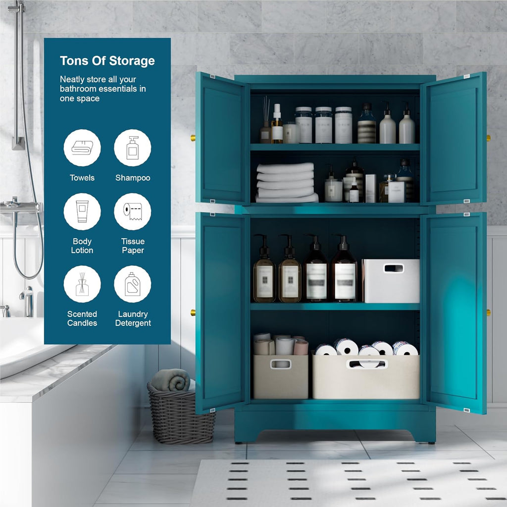 Bevivog Bathroom Floor Storage Cabinet,Metal Accent Cabinets with 4 Doors and 2 Adjustable Shelves,Blue Storage Locker Cabinets Organizer for Pantry Kitchen,Living Room,Hallway, Restroom