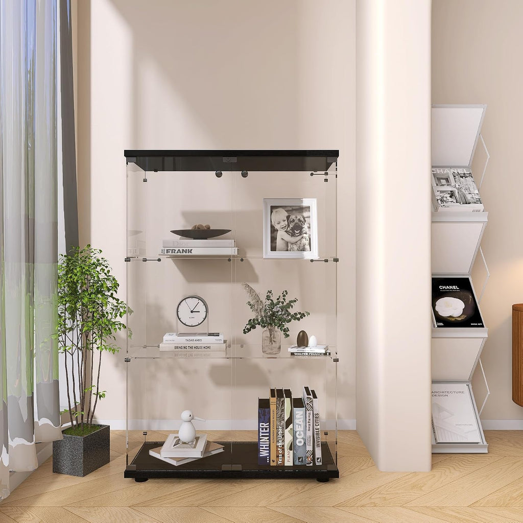 Modern 3 Shelf Glass Display Cabinet with 2 Doors, Clear Curio Cabinet Collection Display Case, Floor Standing Glass Bookshelf for Living Room Bedroom Home Office 32' W x 14.5' D x 50' H