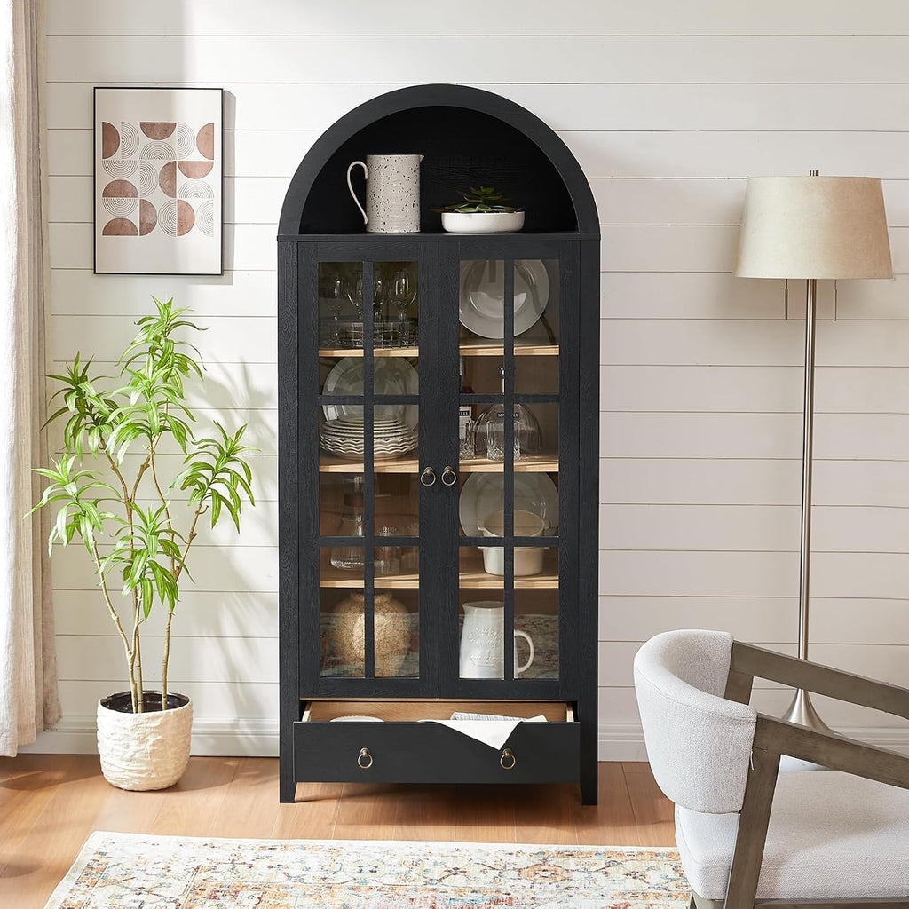 RowyPoey Farmhouse Arched Cabinet with Glass Doors, Wood Display Cabinet with Drawer and Adjustable Shelves, 71' Tall Bookshelf Modern Storage Kitchen Pantry for Living Room,Office (Black)
