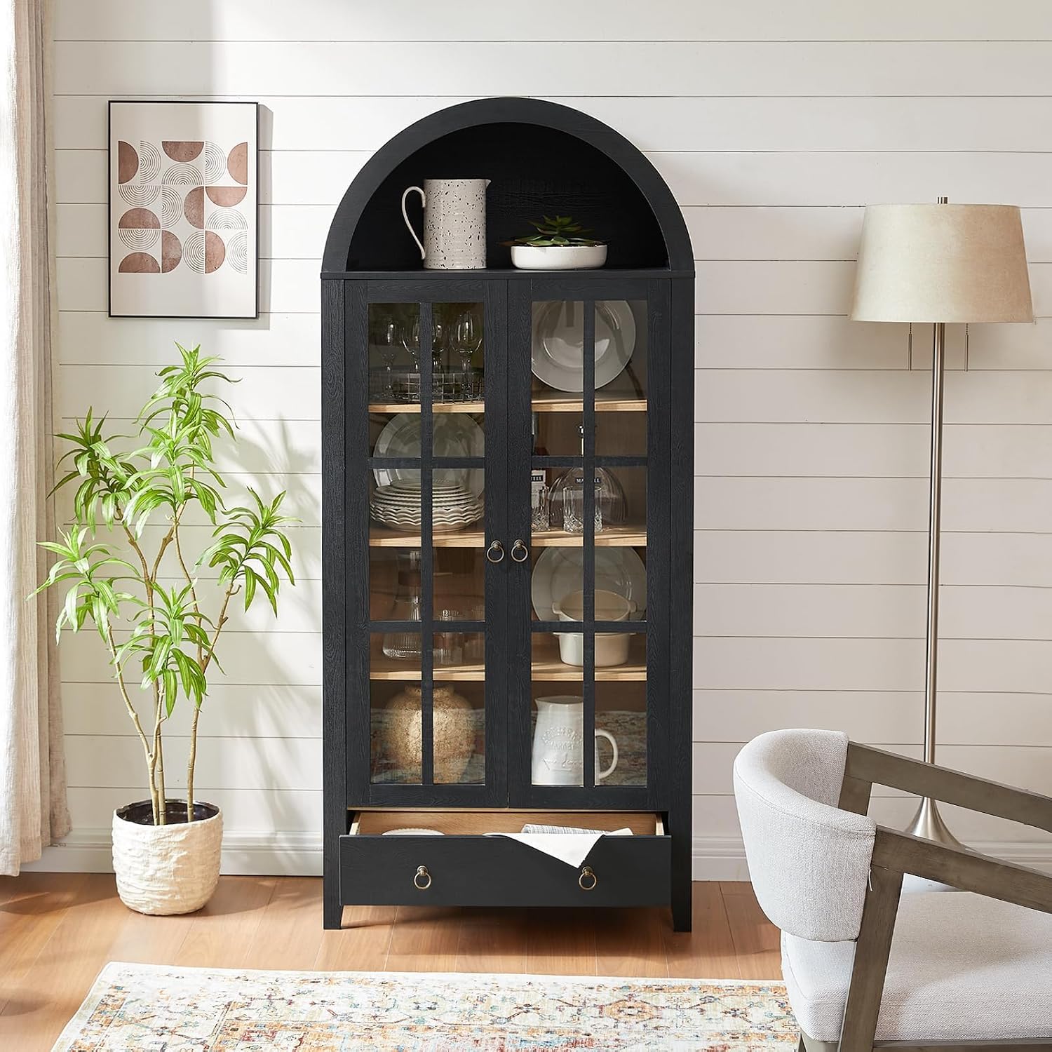 RowyPoey Farmhouse Arched Cabinet with Glass Doors, Wood Display Cabinet with Drawer and Adjustable Shelves, 71' Tall Bookshelf Modern Storage Kitchen Pantry for Living Room,Office (Black)
