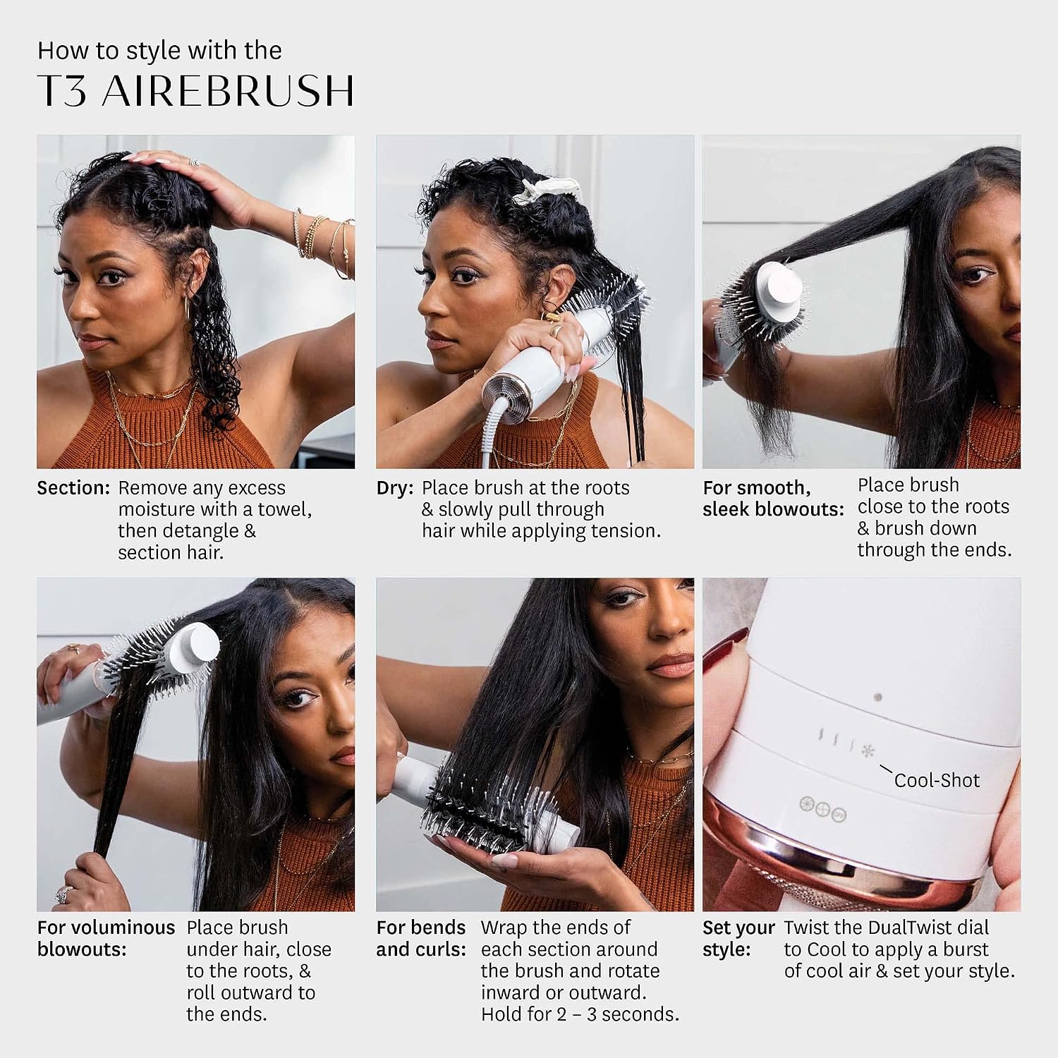 T3 AireBrush One Step Smoothing and Volumizing Hair Blow Dryer Brush, for Fast Drying and Styling with Multiple Heat and Speed Settings, Ceramic and Cool Shot