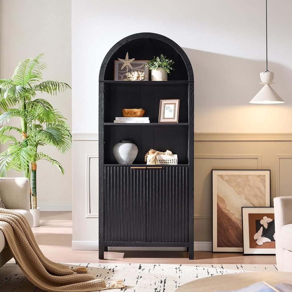 Arched Cabinet Bookshelf Bookcase - 71' Tall Mid Century Arched Display Cabinets, Rounded Bookshelf with Fluted Doors, Open Shelf Storage Cabinet for Dining Room (Black)