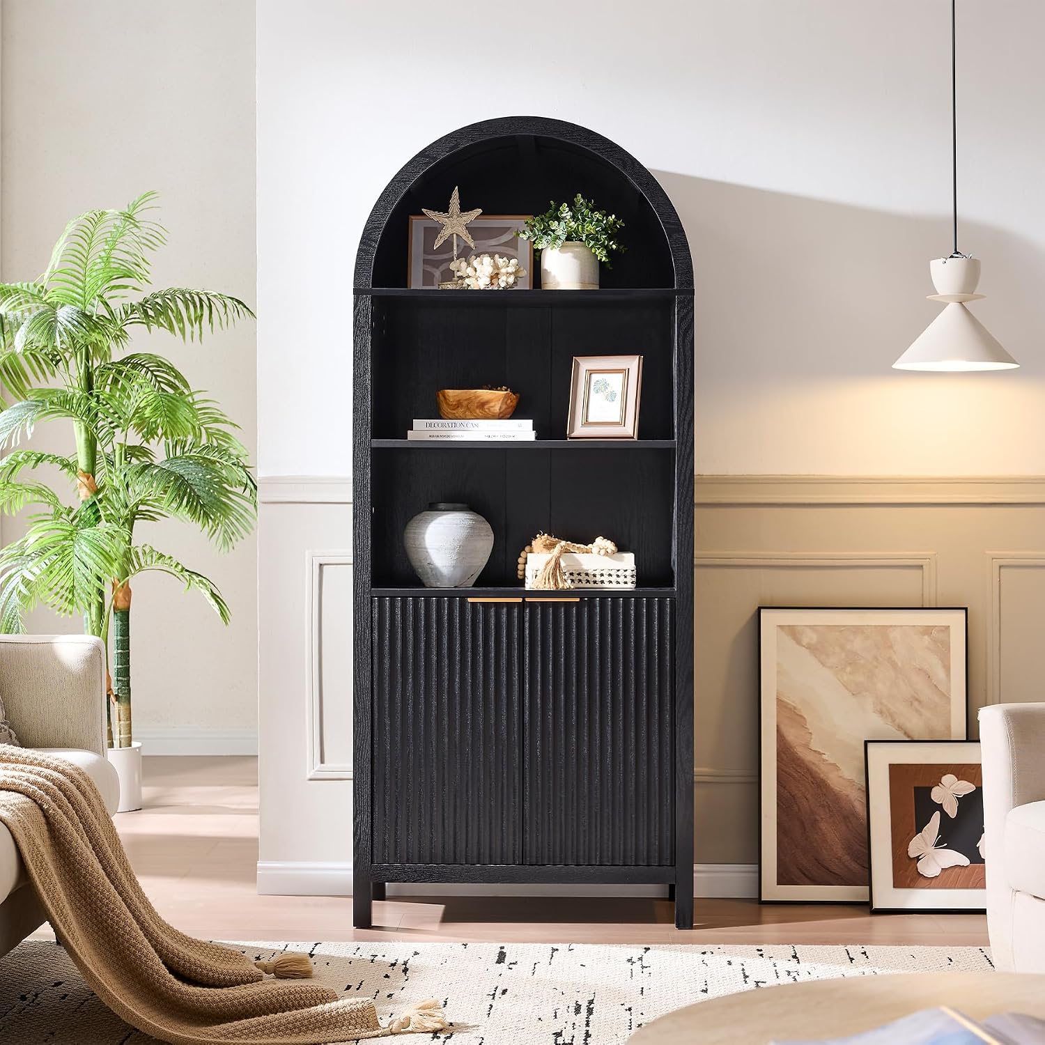 Arched Cabinet Bookshelf Bookcase - 71' Tall Mid Century Arched Display Cabinets, Rounded Bookshelf with Fluted Doors, Open Shelf Storage Cabinet for Dining Room (Black)