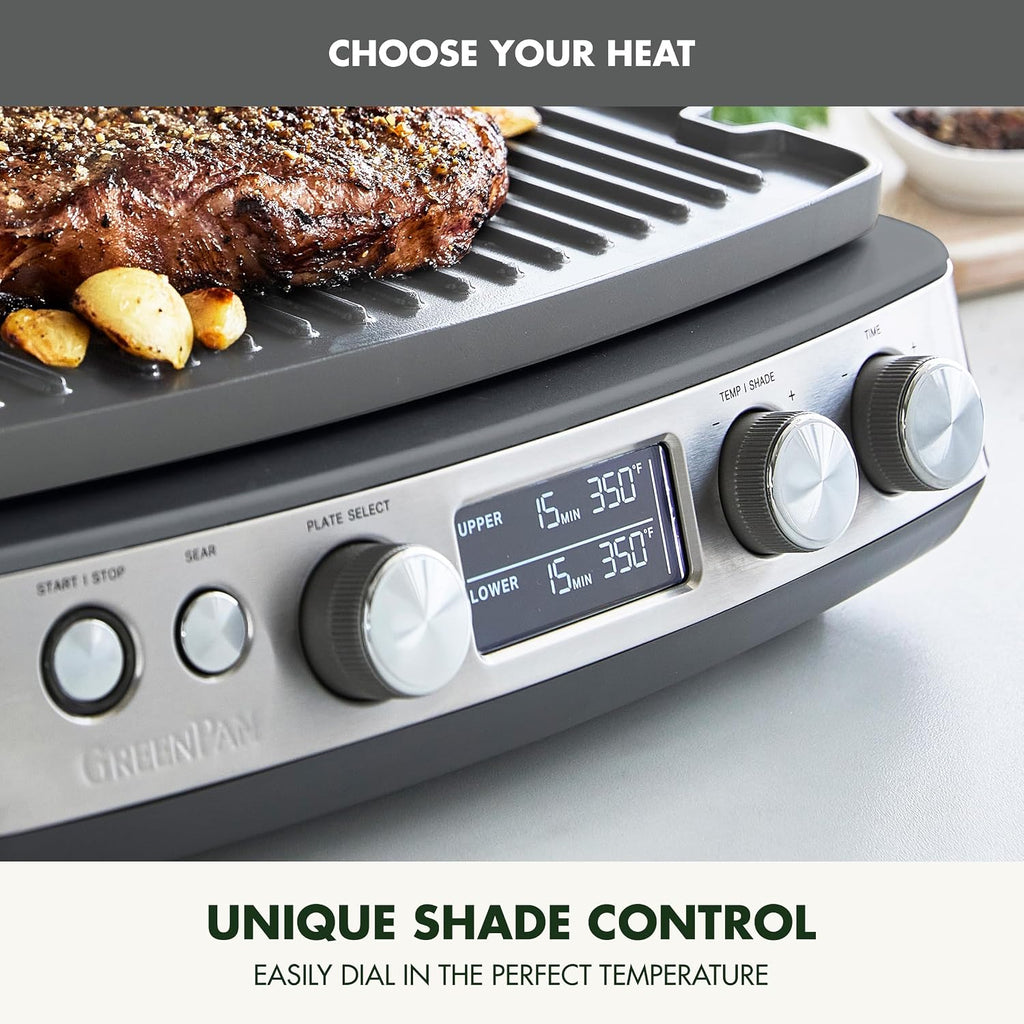 GreenPan Elite 7-in-1 Multi-Function Contact Grill & Griddle, Healthy Ceramic Nonstick Reversible Plates, Adjustable Shade & Shear, Closed Press/Open Flat Surface, PFAS-Free, Graphite