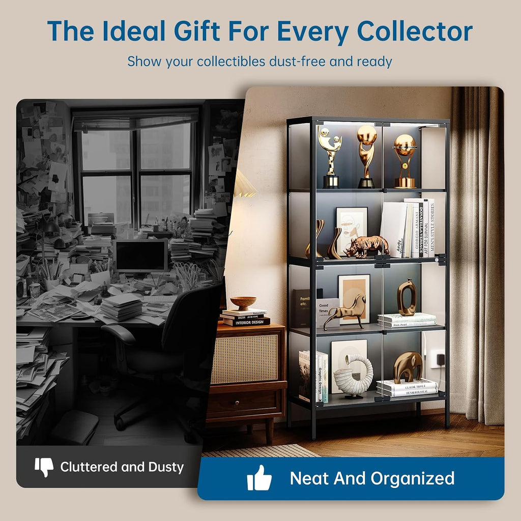 PEUKC 65' Glass Display Cabinet with 3-Color LED Light, Display Case with 4 Tempered Glass Doors and Shelves, Metal Frame Curio Storage Cabinet for Collectibles, Figures, Awards, Toy, Book (Black)