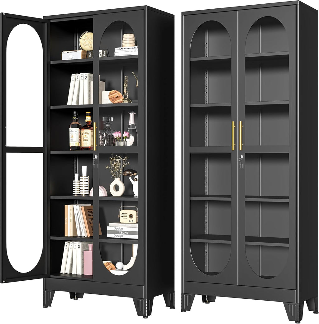 PAOFIN 75' H Locking Display Cabinet with Glass Door, Metal Curio Cabinets with 5 Adjustable Shelves, Tall Liquor Cabinet Display Case for Living Room, Wine, Clinic, Home - Assembly Required Black