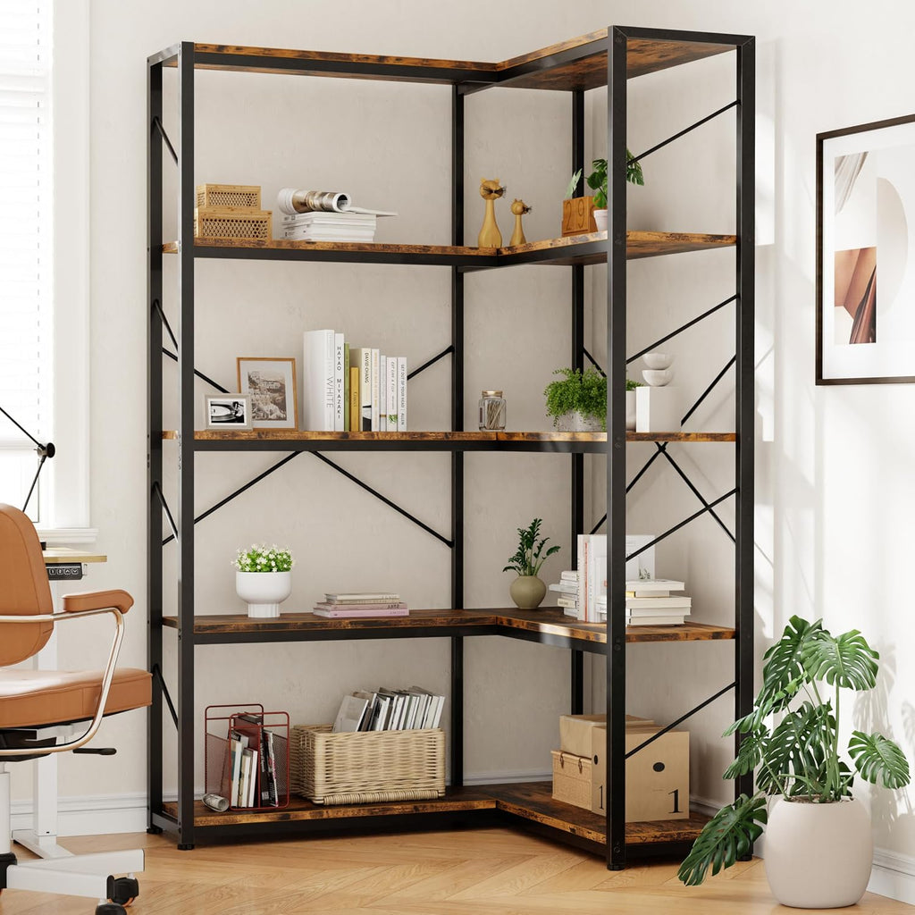 Shintenchi 5 Tier Corner Bookshelf,L Shaped Bookcase,Large Etagere Bookcase,Corner Shelf Display Storage Rack with Metal Frame for Living Room Bedroom Office,Rustic Brown