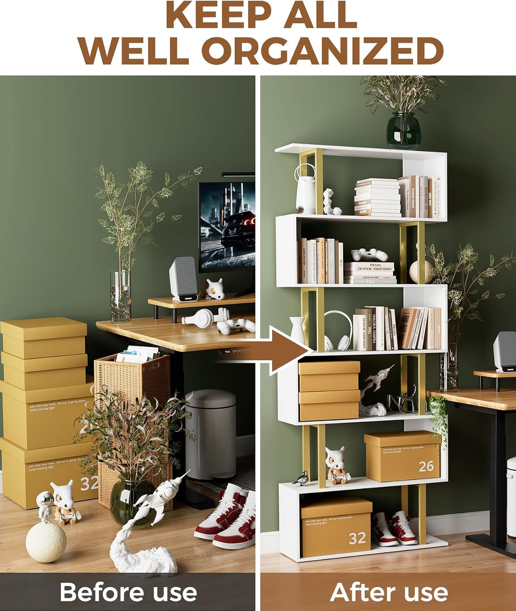 Gadroad 6-Tier Geometric Bookcase,S Shaped Bookshelf, Wood Decorative Storage Shelving, Modern Freestanding Display Shelves, Tall Book Shelf Unit for Living Room Bedroom