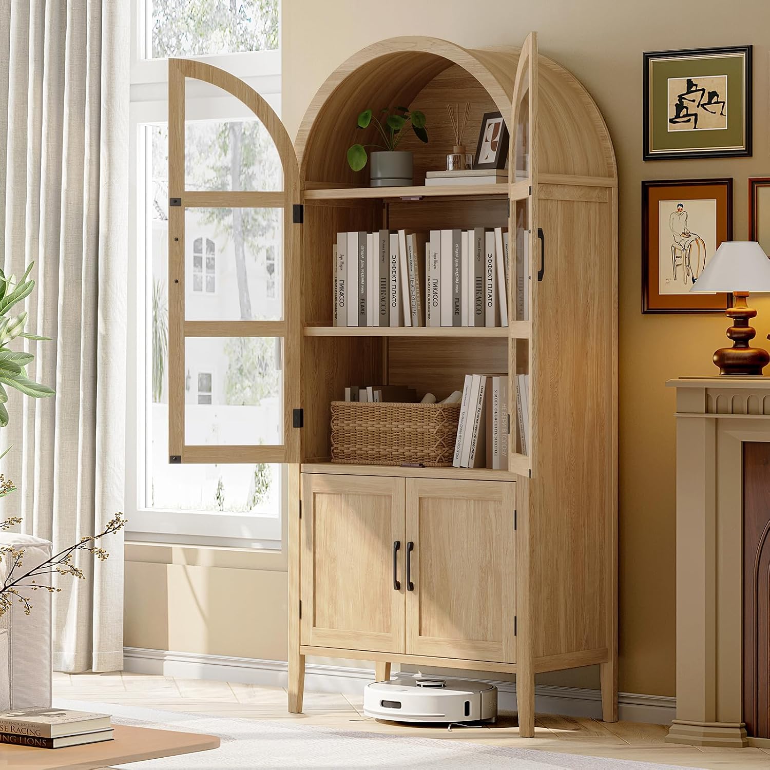 ONBRILL 71' Tall Arched Cabinet, 5-Tier Arched Kitchen Pantry with Glass Doors & Shelves, Modern Display Storage Cabinets with Adjustable Feet, Wooden Pantry Cabinet for Living Room, Dining Room