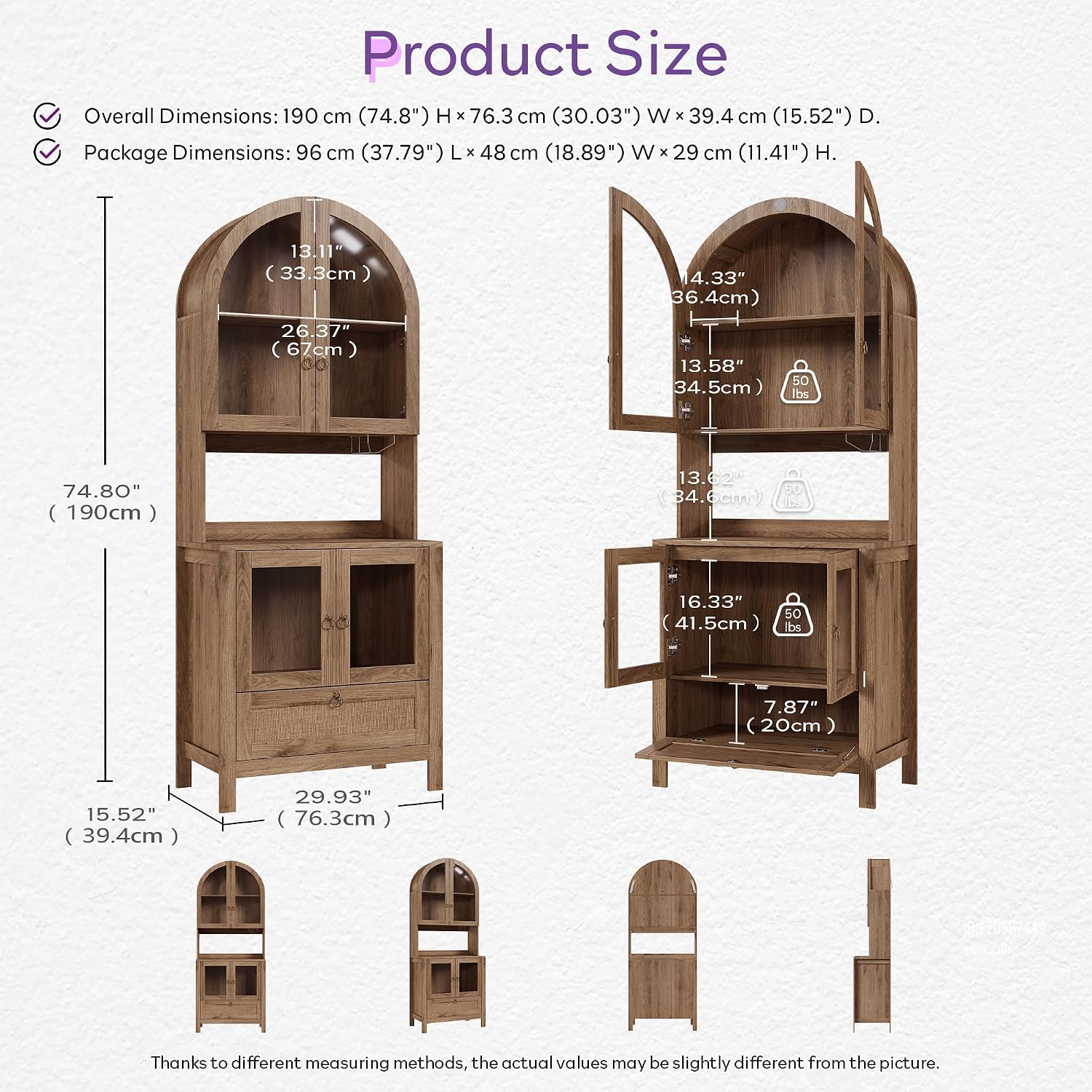 TYBOATLE 75'' Tall Arched Cabinet w/Accessible Storage Area, China Cabinet w/Anti-Tipping Device and Innovative Drawer, Versatile Cupboard for Kitchen, Dining (Natural)
