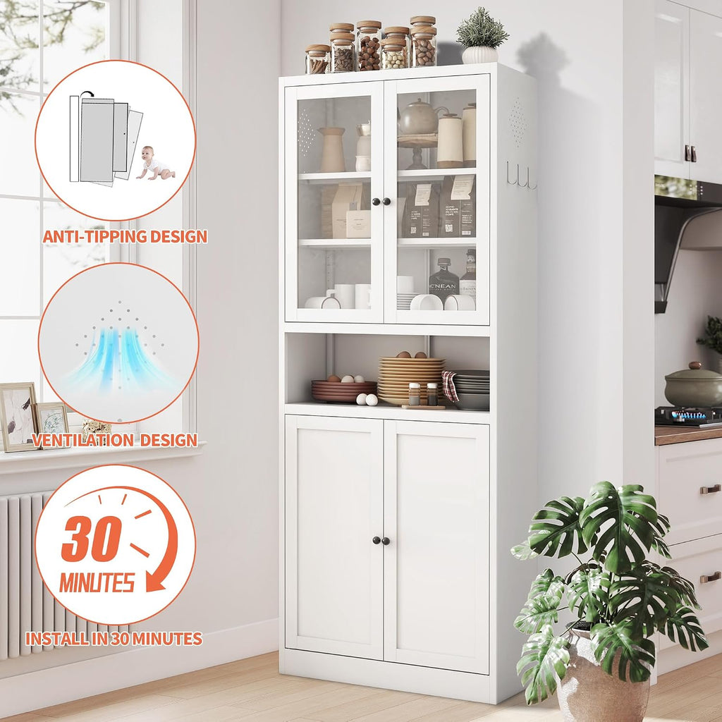 72' Tall Metal Storage Cabinets with 4 Doors and Shelves,White Kitchen Pantry Cabinet,Freestanding Steel Cupboard Display Cabinets for Kitchen,Living,Dining Room,Bathroom,Assembly Required