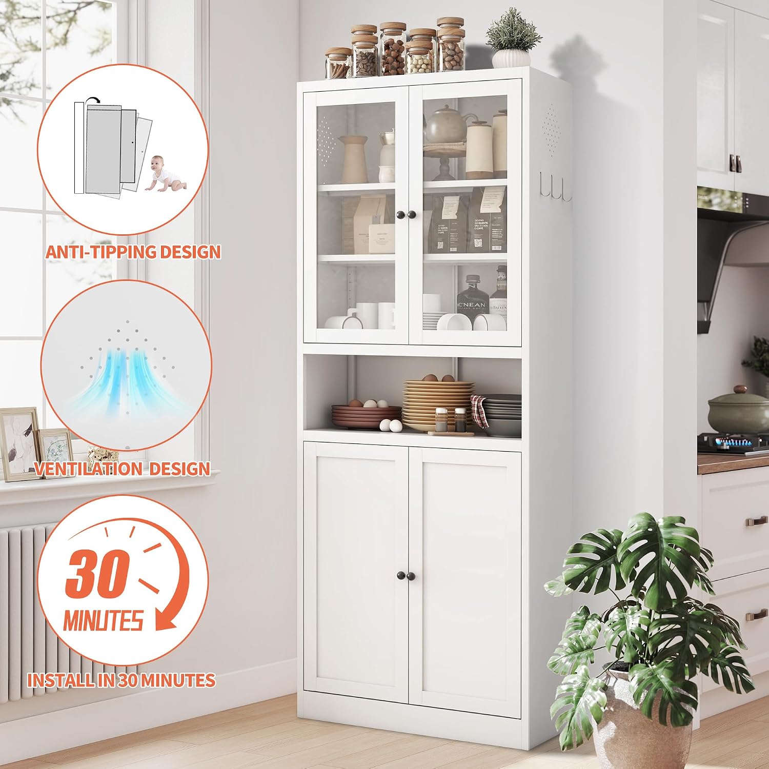 72' Tall Metal Storage Cabinets with 4 Doors and Shelves,White Kitchen Pantry Cabinet,Freestanding Steel Cupboard Display Cabinets for Kitchen,Living,Dining Room,Bathroom,Assembly Required