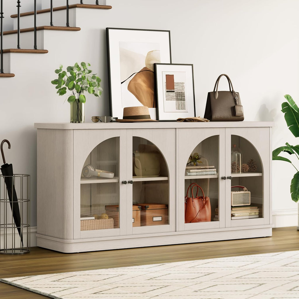 63 Inch Sideboard Buffet Cabinet, Modern Arched Buffet with Glass Doors, Large Curved Cabinets with Storage, Console Credenza w/Adjustable Shelves for Living Room, Kitchen, Entryway, White Oak