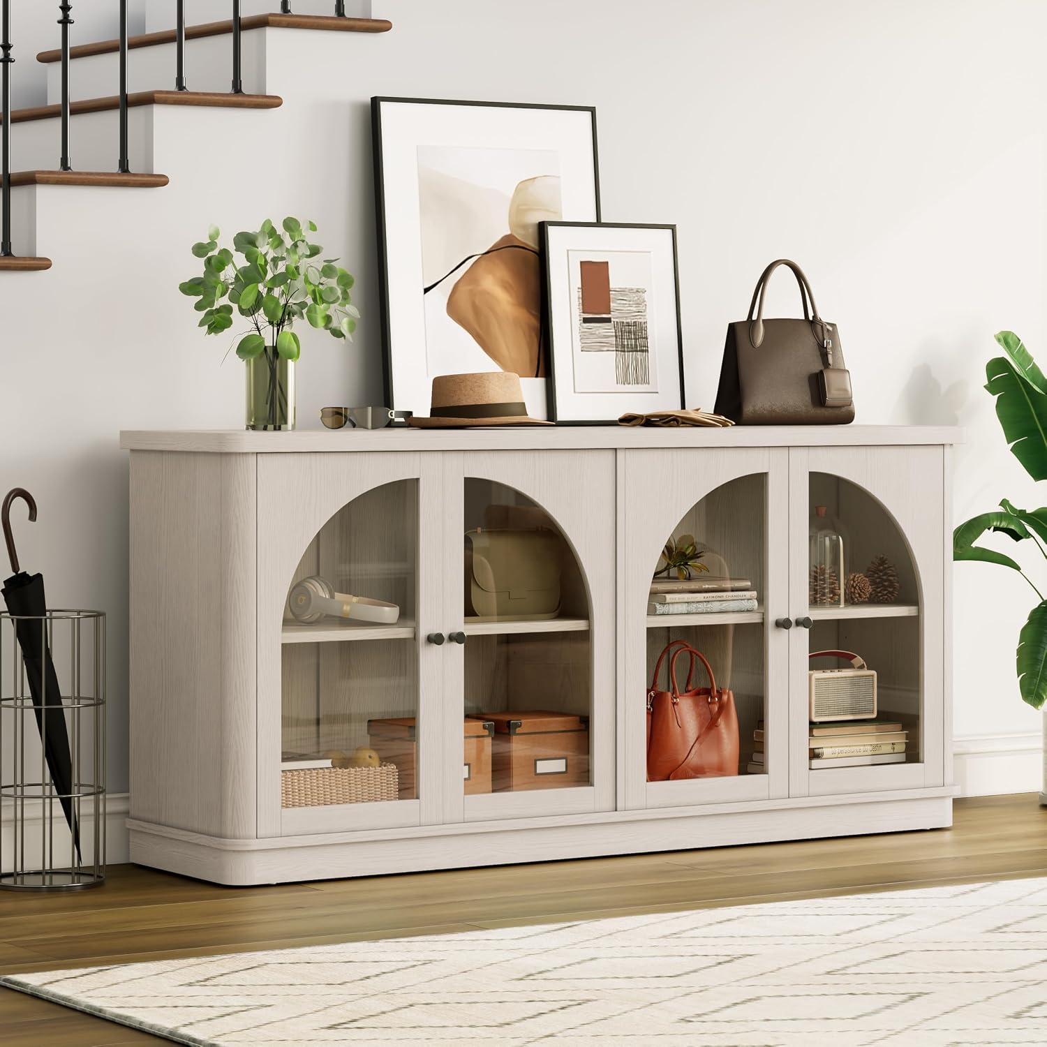 63 Inch Sideboard Buffet Cabinet, Modern Arched Buffet with Glass Doors, Large Curved Cabinets with Storage, Console Credenza w/Adjustable Shelves for Living Room, Kitchen, Entryway, White Oak