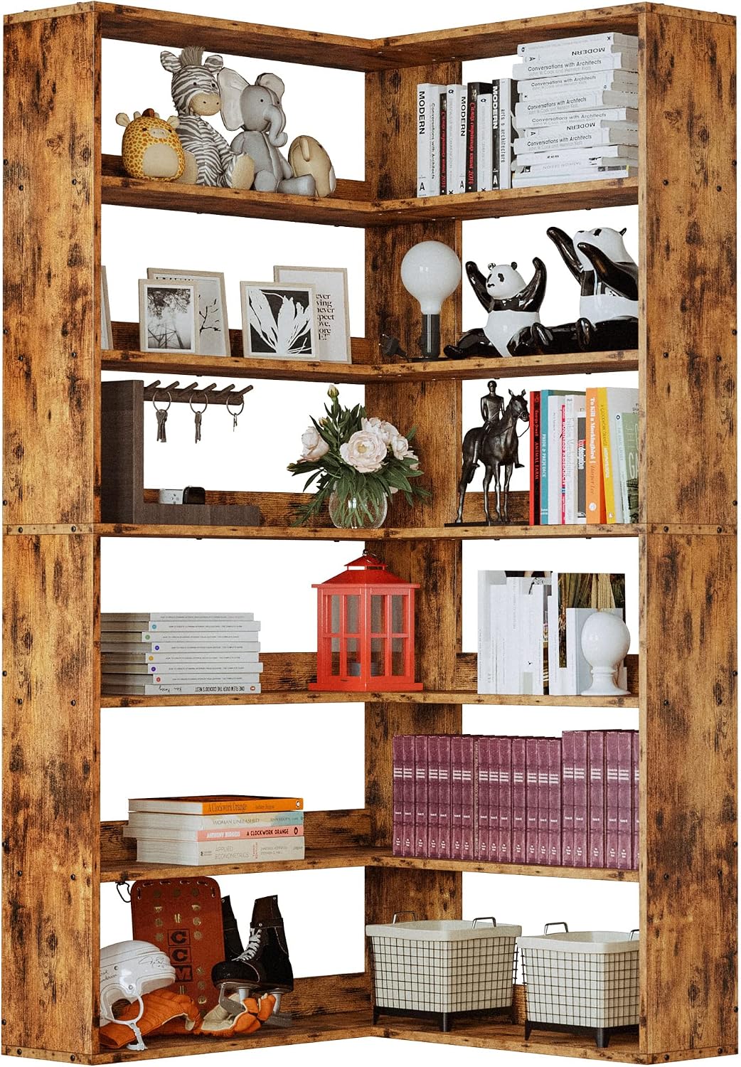 IRONCK Corner Bookshelf 6-Tier L-Shaped Industrial Corner Bookcase with Side Baffles, Large Storage Display Shelf for Living Room, Home Office