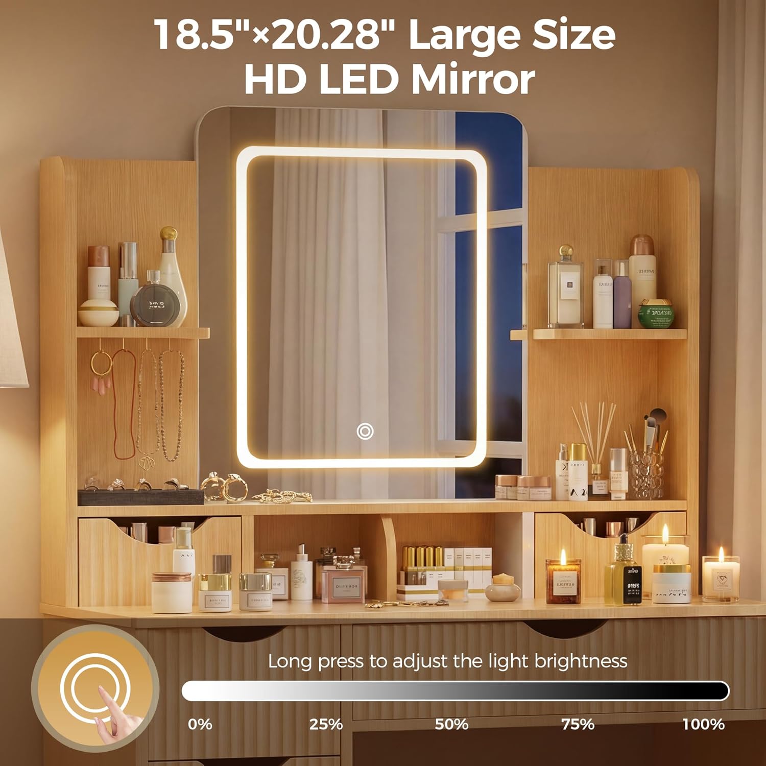 Vanity Desk with Mirror and Lights, Makeup Vanity Table with Large 6 Drawers Modern Fluted Wooden Dressing Table with Jewelry Hook 3 Color Modes Adjustable LED Mirror for Women Girls Bedroom or Dorm
