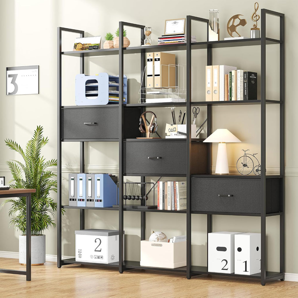 Nosepen 73.6' Tall Bookshelf with 3 Drawers and 16 Storage Shelves, Industrial Bookcase with 16 Open Display Shelves, Large Etagere Bookshelf, Triple Wide Book Shelf Book Case for Home & Office, Black