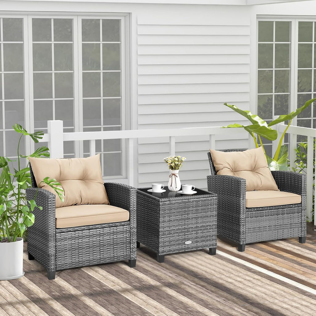 Tangkula 3 Pieces Wicker Patio Furniture Set, Outdoor Rattan Conversation Cushioned Chair Set with Tempered Glass Side Table, for Porch, Balcony and Garden