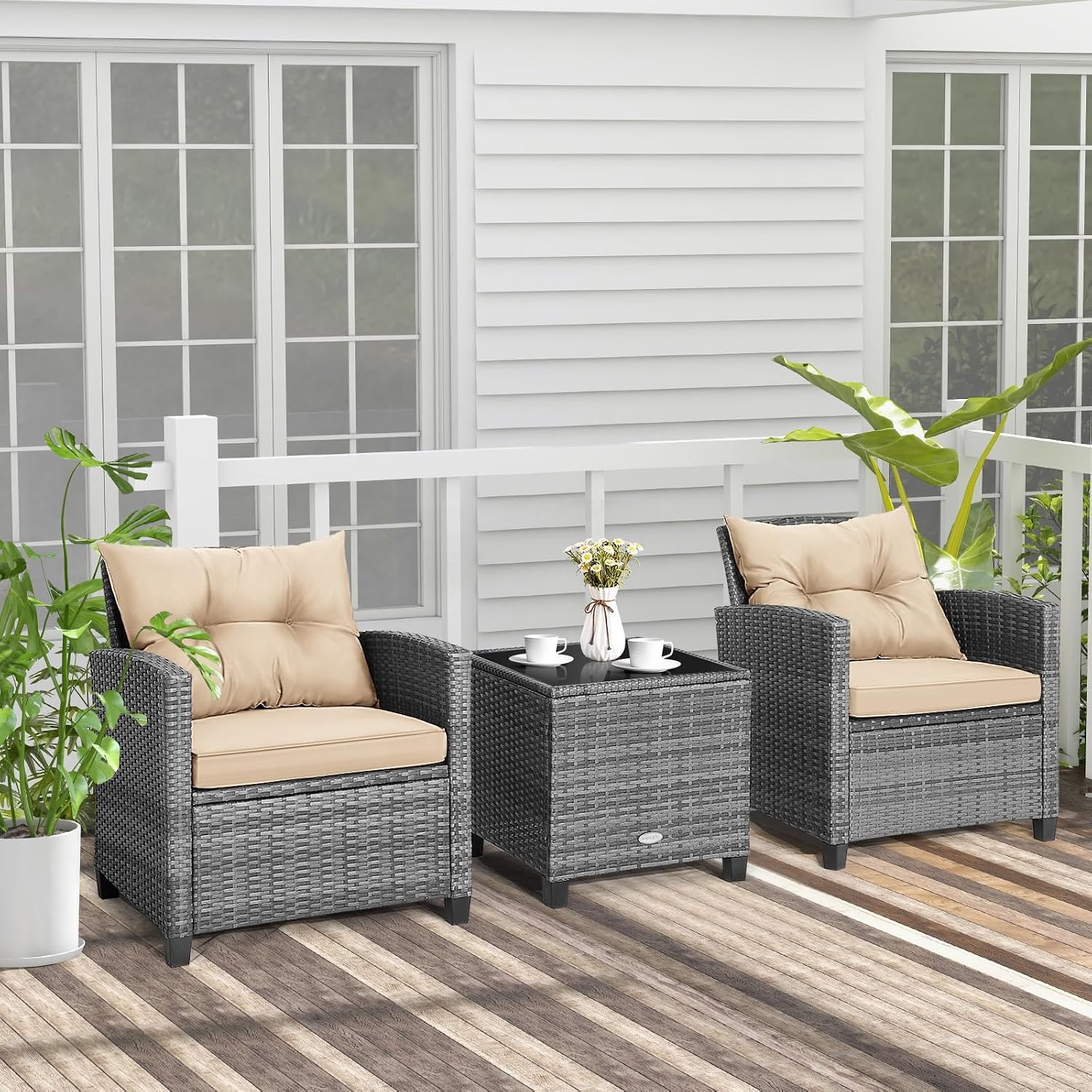 Tangkula 3 Pieces Wicker Patio Furniture Set, Outdoor Rattan Conversation Cushioned Chair Set with Tempered Glass Side Table, for Porch, Balcony and Garden