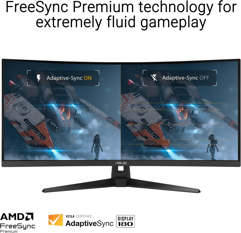 ASUS TUF Gaming 34' Ultra-Wide Curved Monitor (VG34VQ3B) – 21:9 QHD (3440x1440), 180Hz, 1ms, Extreme Low Motion Blur Sync, FreeSync Premium, Speaker, 90% DCI-P3, DisplayWidget Center, 3 yr Warranty