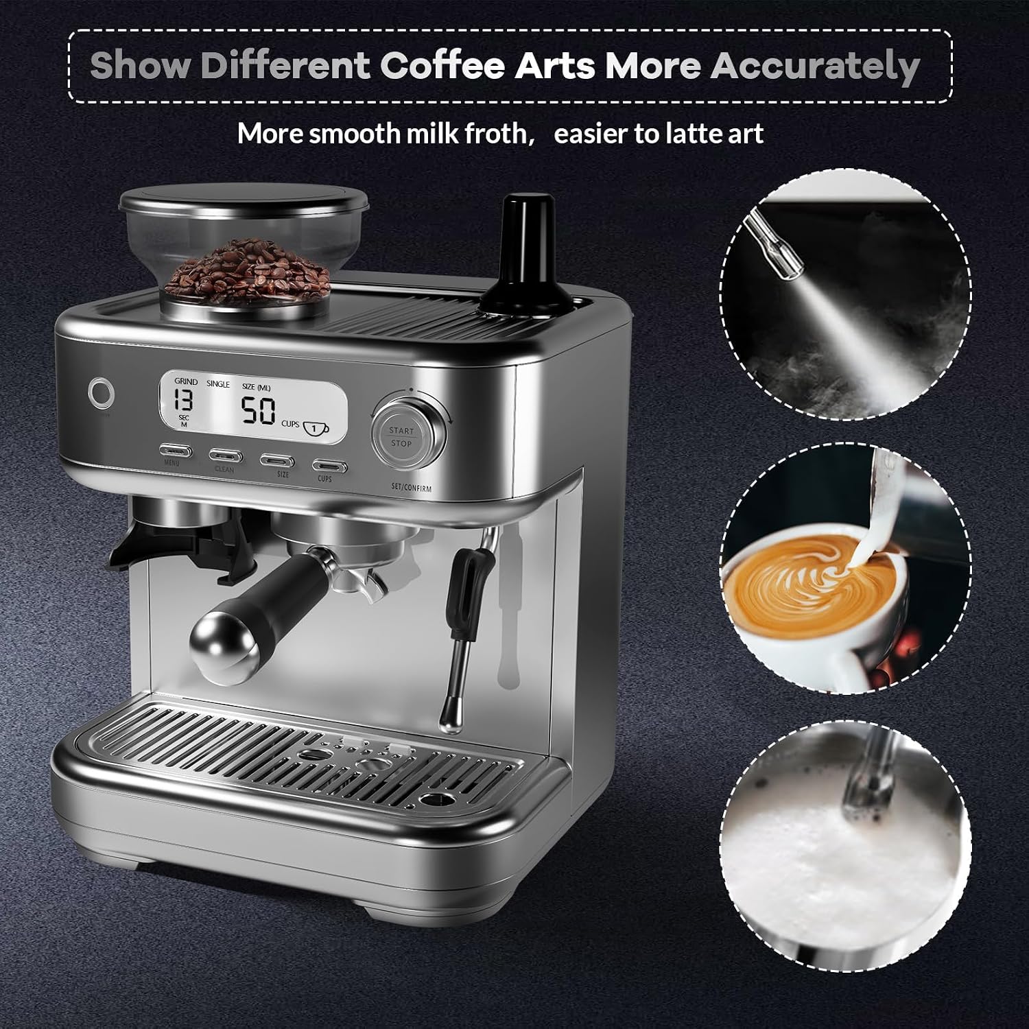 Espresso Machine 15 Bar, LCD Display Espresso Maker with Grinder, Milk Frother and PID Temperature Control, Professional Coffee Maker for Latte Cappuccino - 8.8 Oz Bean Hopper