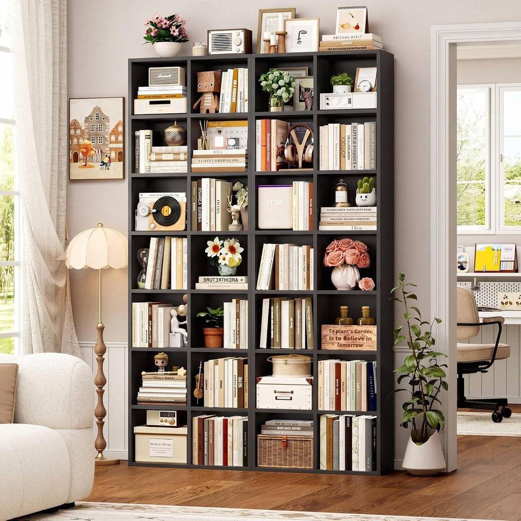 FOTOSOK 71'' Tall Bookshelf Set of 2, 7 Tier Large Black Bookshelf with Adjustable Shelves, Wide Bookcases and Bookshelf, DVD/CD Media Tower Storage, Cube Book Shelf Display Shelf Cabinet, Black