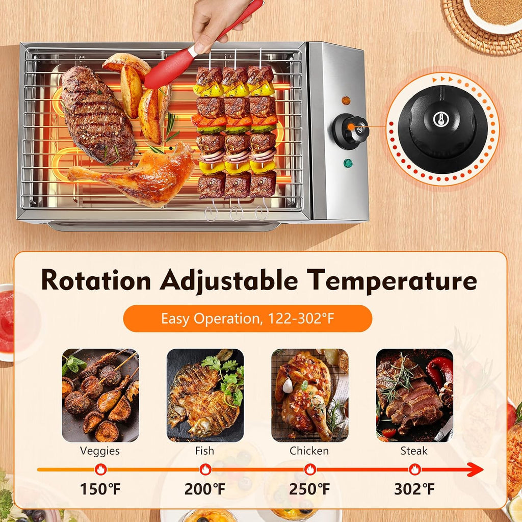 Electric Grill, 1800W Smokeless Indoor Countertop Grill with Adjustable Temperature and Removable Grill Rack, Stainless Steel for Family Gatherings and Camping