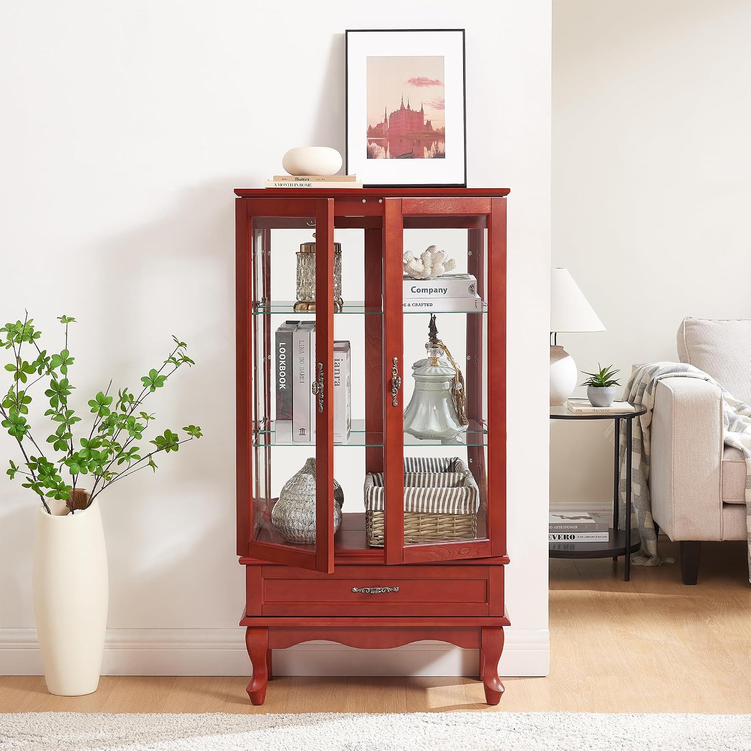 49' H Lighted Curio Display Cabinet with 2 Glass Doors & 1 Drawer, Wooden Curio Showcase w/Adjustable Shelves & Mirrored Back Panel, Wine Storage Cabinet Display Case for Living Room (Cherry)