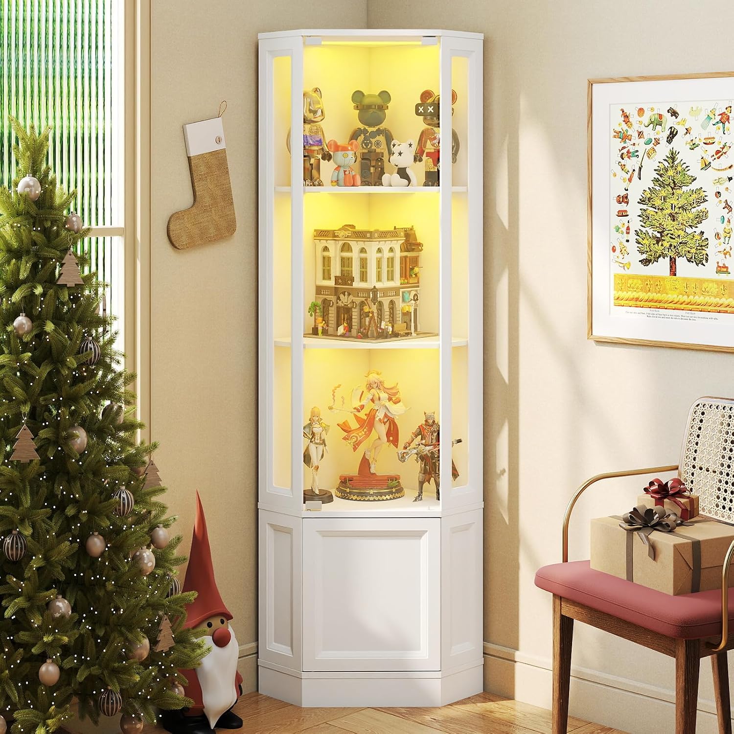 Verano Garden Corner Display Cabinet with Glass Doors, 65' Curio Cabinet w/Multi-Color LED Lights, 4-Tier Lighted Storage Display Case for Collectibles, Showcase Cabinet for Living/Game Room (White)