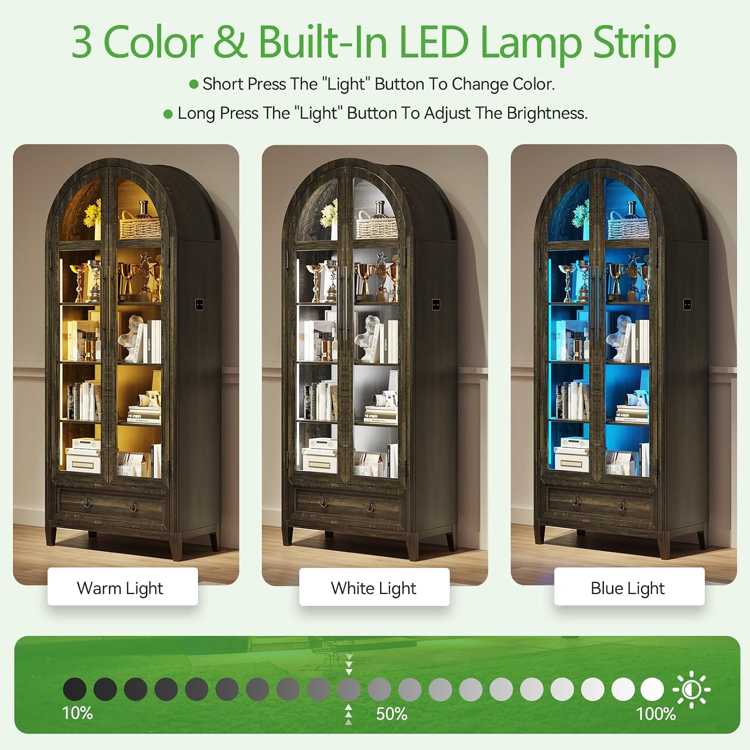 HNEBC Book Shelf with LED Lights, Arched Display Case with Storage Cabinet, Smart File Cabinet with Glass Door, Curio Cabinet with Solid Wood Legs for Home Office/Bedroom Furnniture-Brown