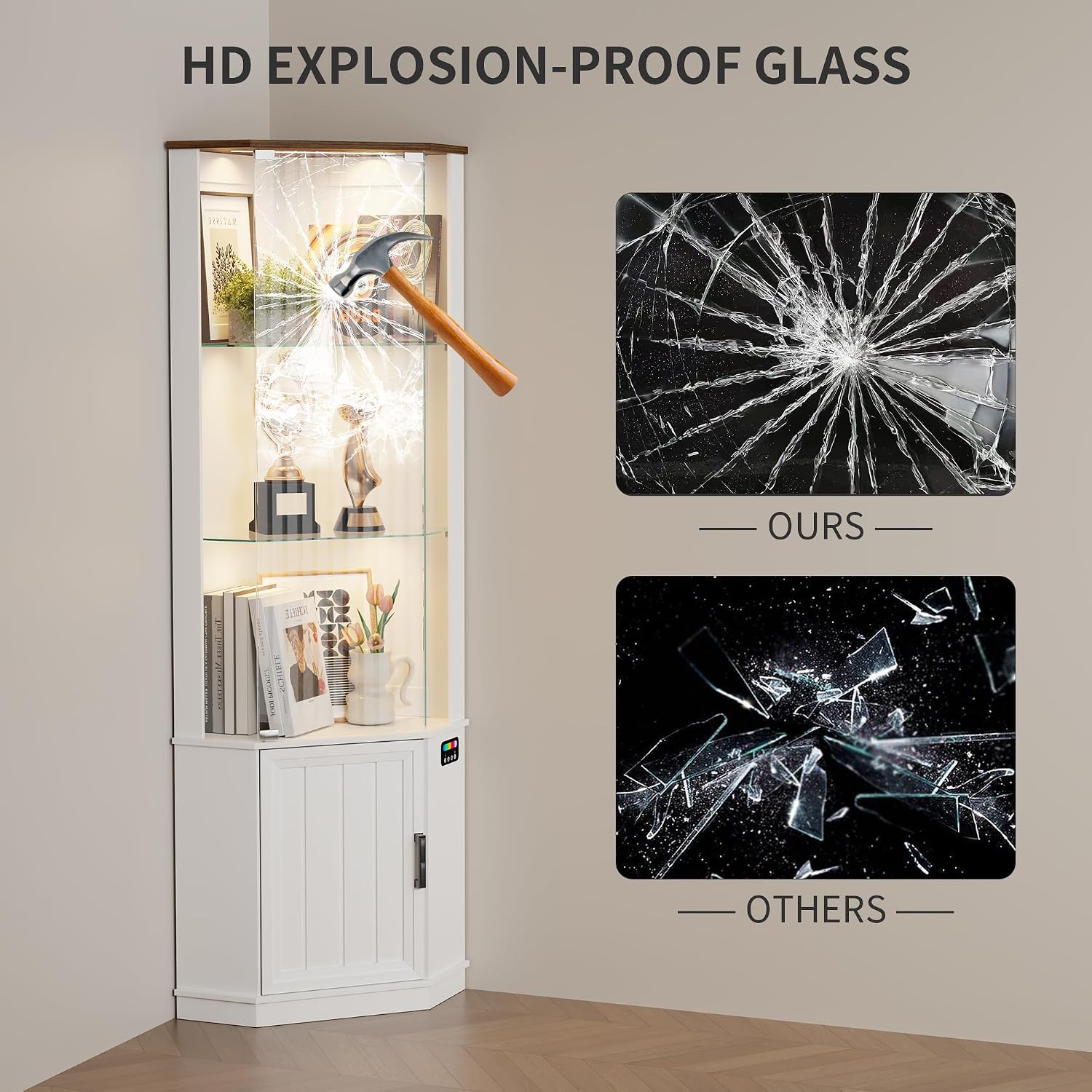 HNEBC 69' Tall Curio Display Cabinet with Glass Door and Movable Shelves,Corner Bookcase with LED Human Sensor Lights,5-Tier RGB Display Case for Collectibles,Bedroom Living Room
