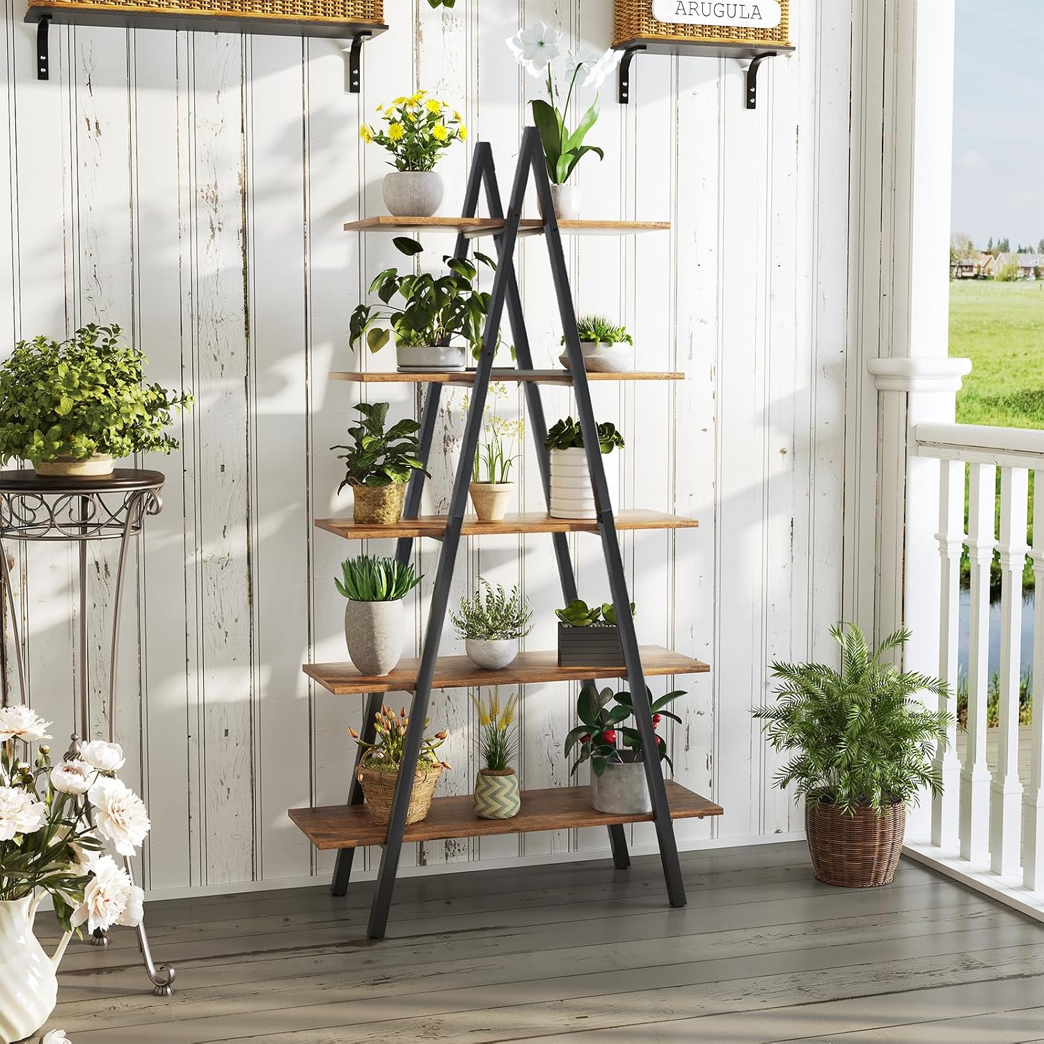 YOUDENOVA 5-Tier Ladder Bookshelf, Industrial A-Shaped Bookcase, Christmas Village Display Stand, Tall Ladder Shelf Storage Organizer for Living Room, Home Office, Black