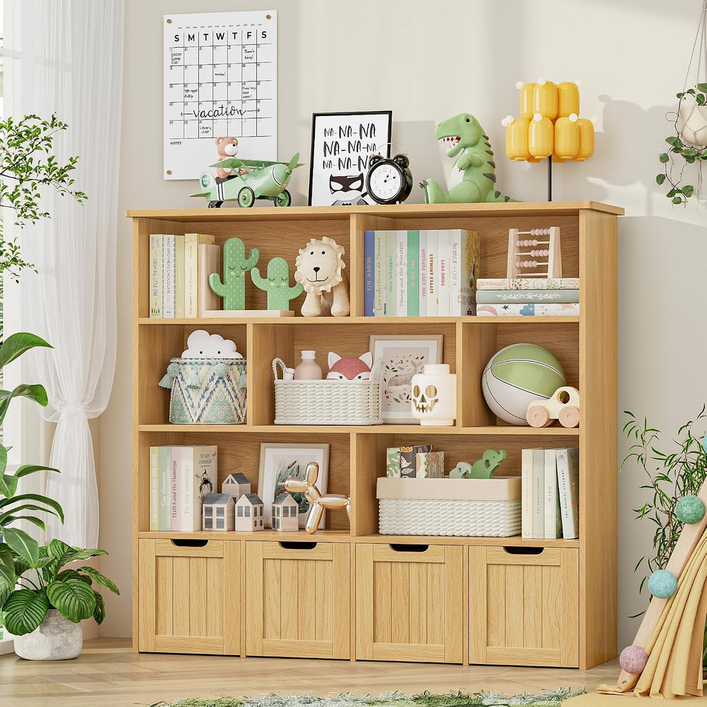 FINETONES Toy Storage Organizer, Kids Bookshelf with 4 Movable Chests and 7 Storage Cubes, Toy Chest Storage Shelf Organizer with Hidden Wheels, Toy Organizers and Toy Storage, Natural
