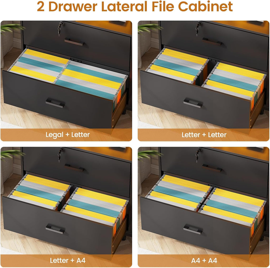 SEDETA 59' File Cabinet, 2 Drawers Filing Cabinets for Home Office fit Legal/Letter/A4 File, File Cabinet with Lock & Power Outlets, Printer Stand with Storage & LED Lights, Black