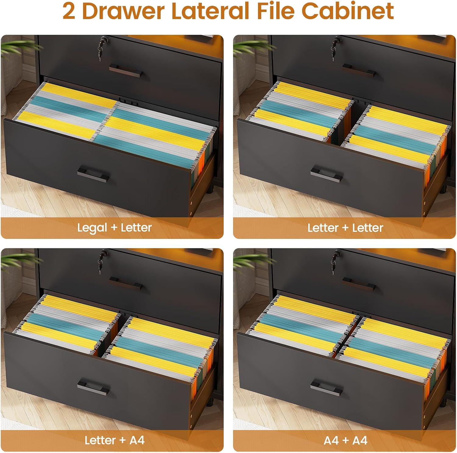 SEDETA 59' File Cabinet, 2 Drawers Filing Cabinets for Home Office fit Legal/Letter/A4 File, File Cabinet with Lock & Power Outlets, Printer Stand with Storage & LED Lights, Black