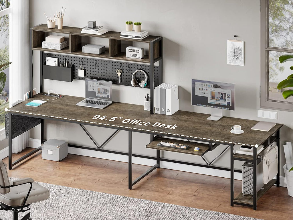 SEDETA L Shaped Desk, 94.5 Inch Office Desk with Power Outlet & Pegboard, L Shaped Desk with Led Light, Keyboard Tray, Storage Shelves and Headphone Hook for Home Office, Walnut Brown