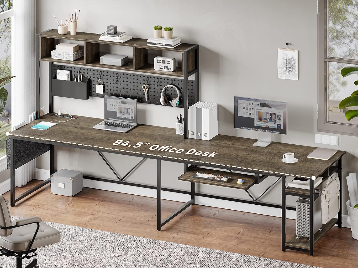 SEDETA L Shaped Desk, 94.5 Inch Office Desk with Power Outlet & Pegboard, L Shaped Desk with Led Light, Keyboard Tray, Storage Shelves and Headphone Hook for Home Office, Walnut Brown