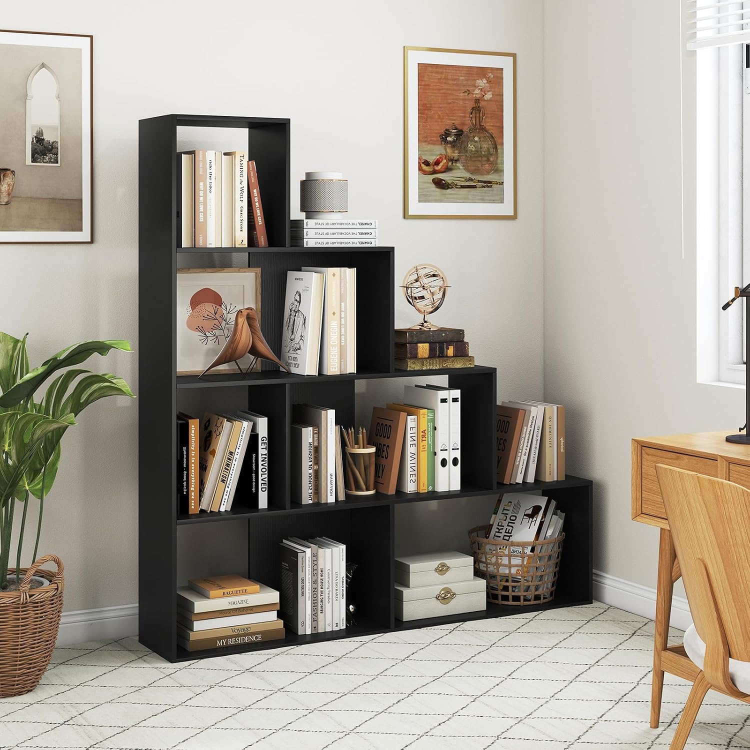 Tangkula 4-Tier Stepped Bookshelf, Freestanding 6 Cubes Ladder Bookcase with Anti-Tipping Kits, 64' Tall Modern Wooden Storage Display Rack for Home Office Living Room Study (1, Black)