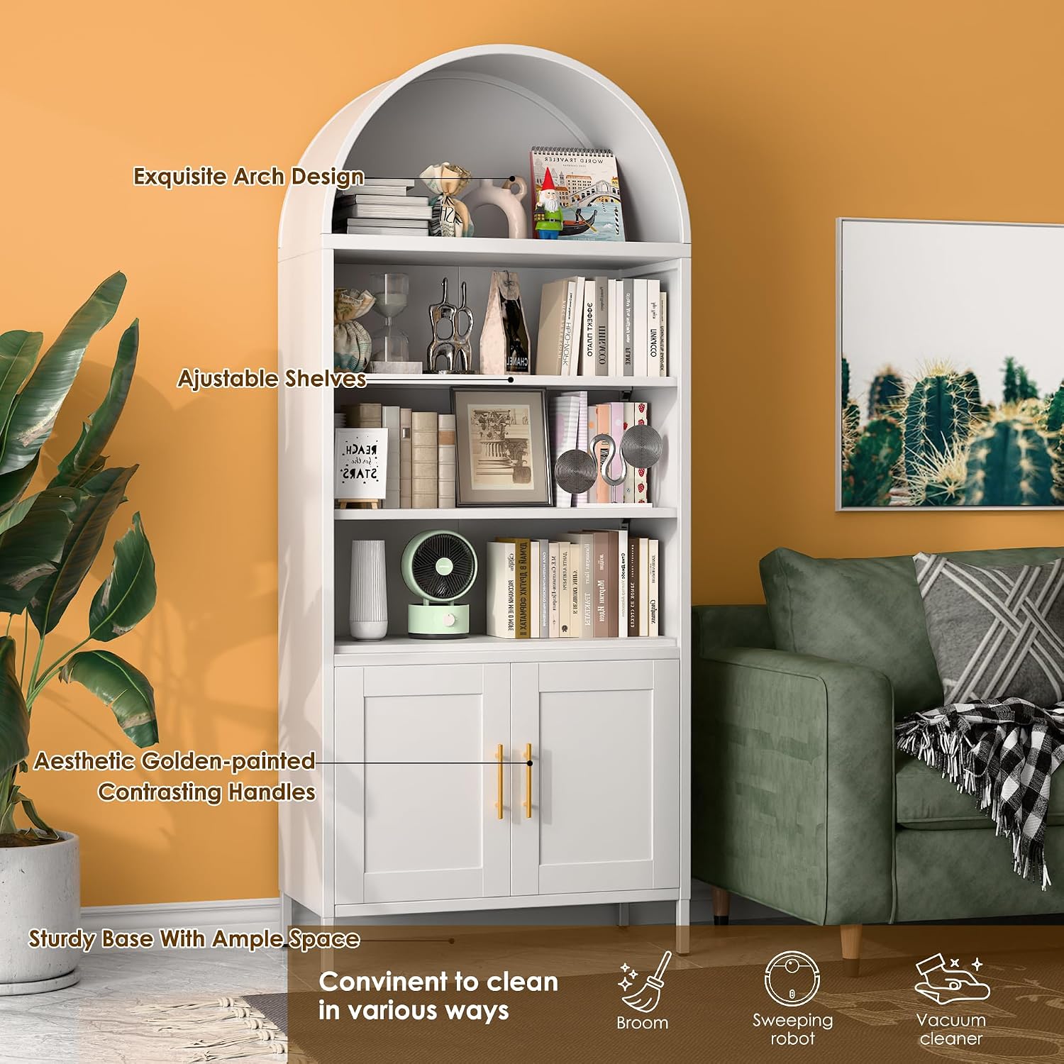 VEXPOR 73' Tall Metal Arched Bookcase with Doors, 5-Tier Arched Bookshelf with 2 Adjustable Shelves for Living Room, Home Office, Assembly Required, White, 15.35' D x 30.71' W x 72.83' H