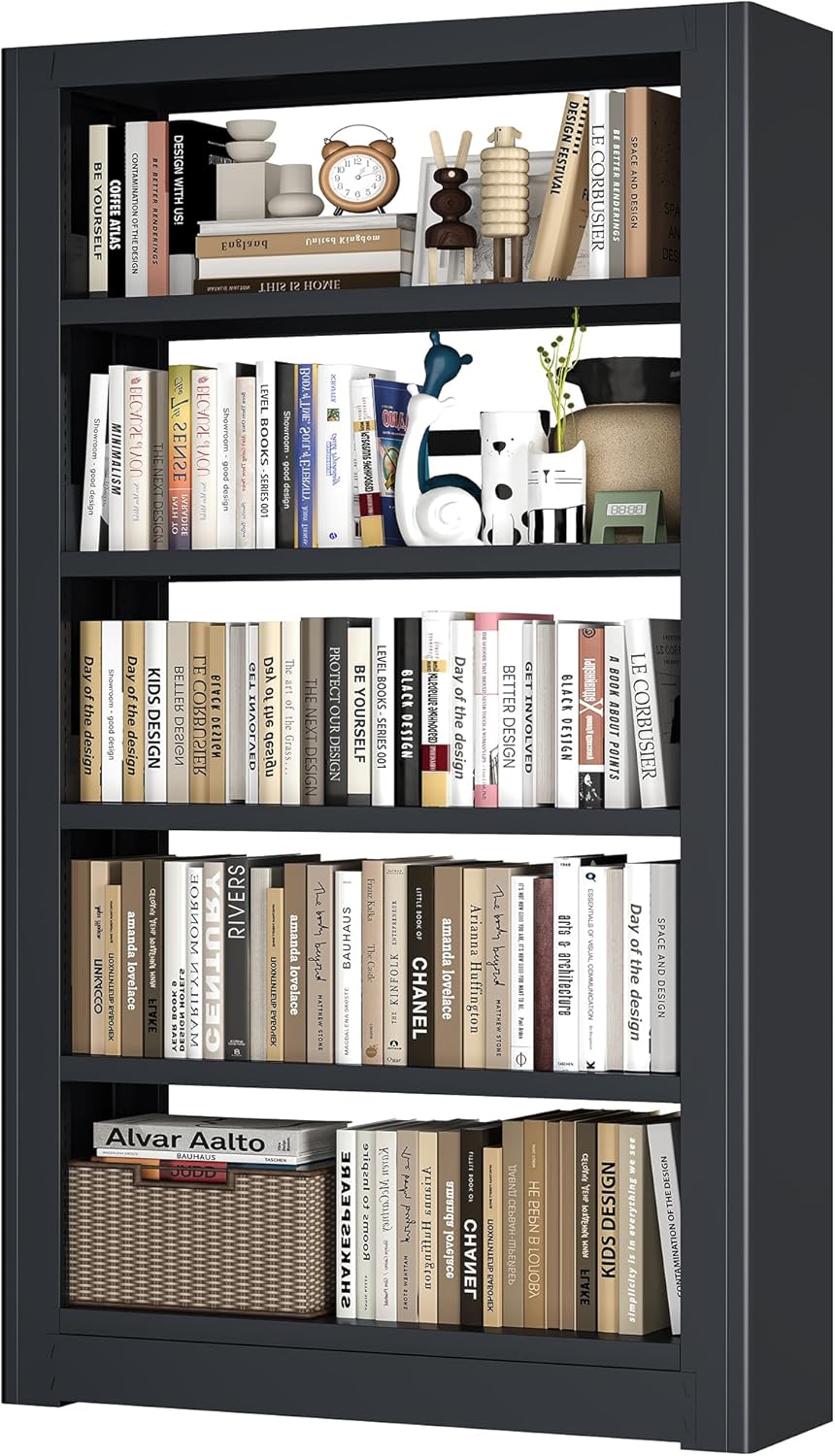 Large Metal Bookcase, 69' Modular Bookshelf with Storage, 5 Tier Bookcase with Adjustable Shelves, Extra Tall Book Shelves, Modern Book Case for Library, Office, Entryway, Living Room（Black）