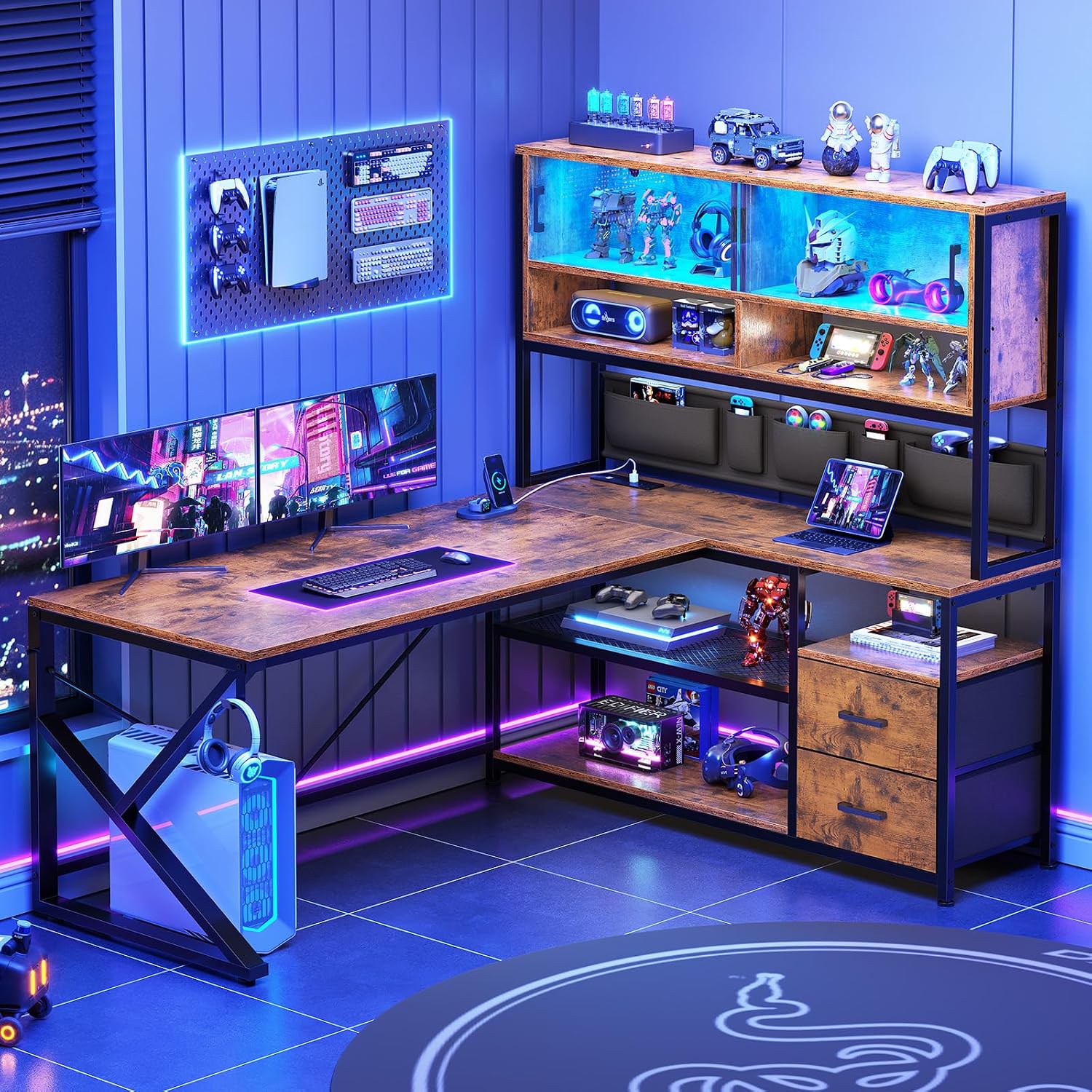 SEDETA L Shaped Computer Desk, Home Office Desk with 2 Drawer and Bookshelf, L Shaped Gaming Desk with LED Light, Glass Cabinet and Storage Bag, Corner Desk with Storage Shelves, Rustic Brown