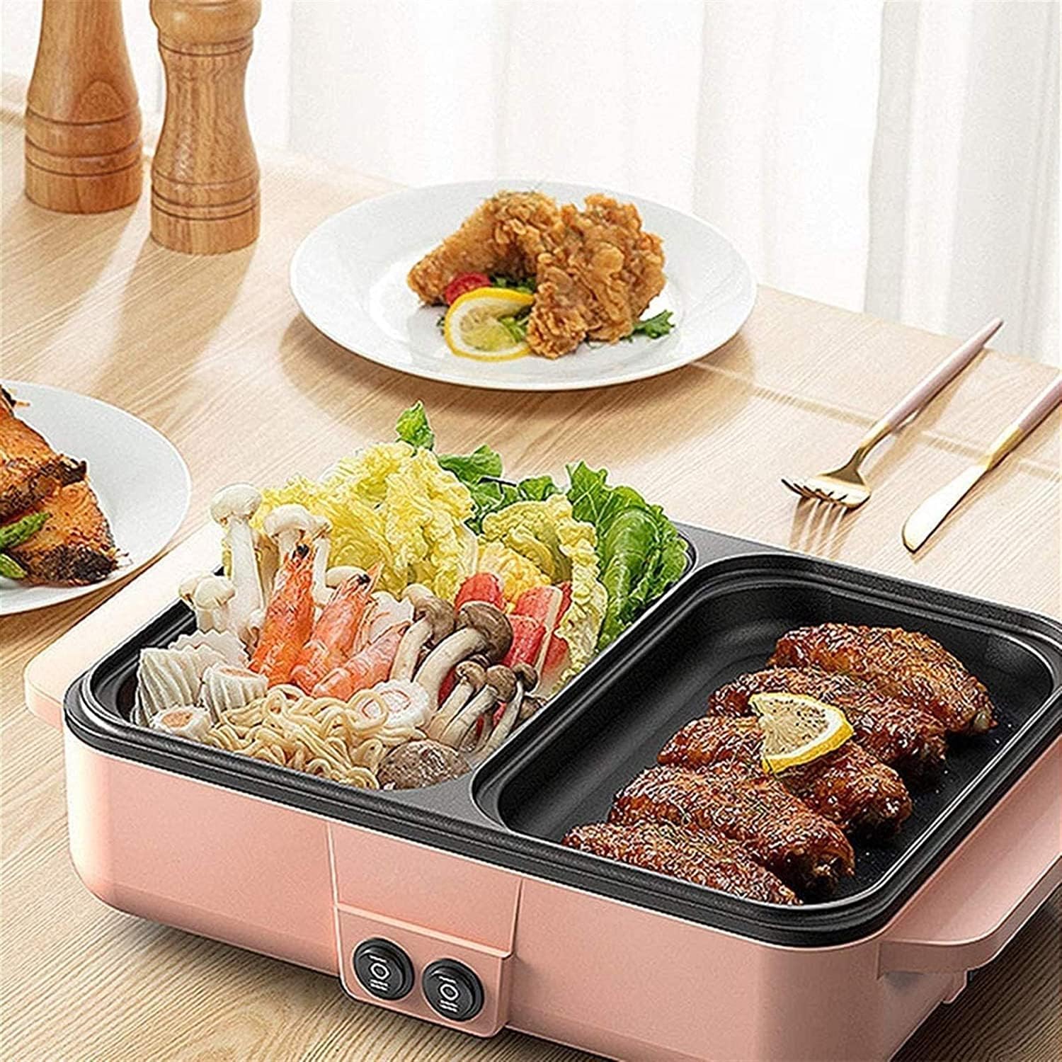 Indoor Korean Barbecue Grill Electric Skillet Grill Combo, Indoor BBQ Grill, Stew And Hot Pot With Non Stick Pan, Tempered Glass Vented Lid, 110v/220v Household Electric Grill Smokeless Removable (Co