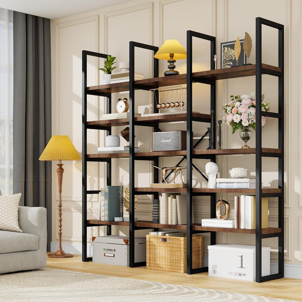 Large Bookshelf 5 Tiers, Triple Wide Geometric Bookcase, 71 Inches Tall Industrial Book Shelves Etagere Book Case, Sturdy Metal Frame, Freestanding Display Shelving Unit, Brown