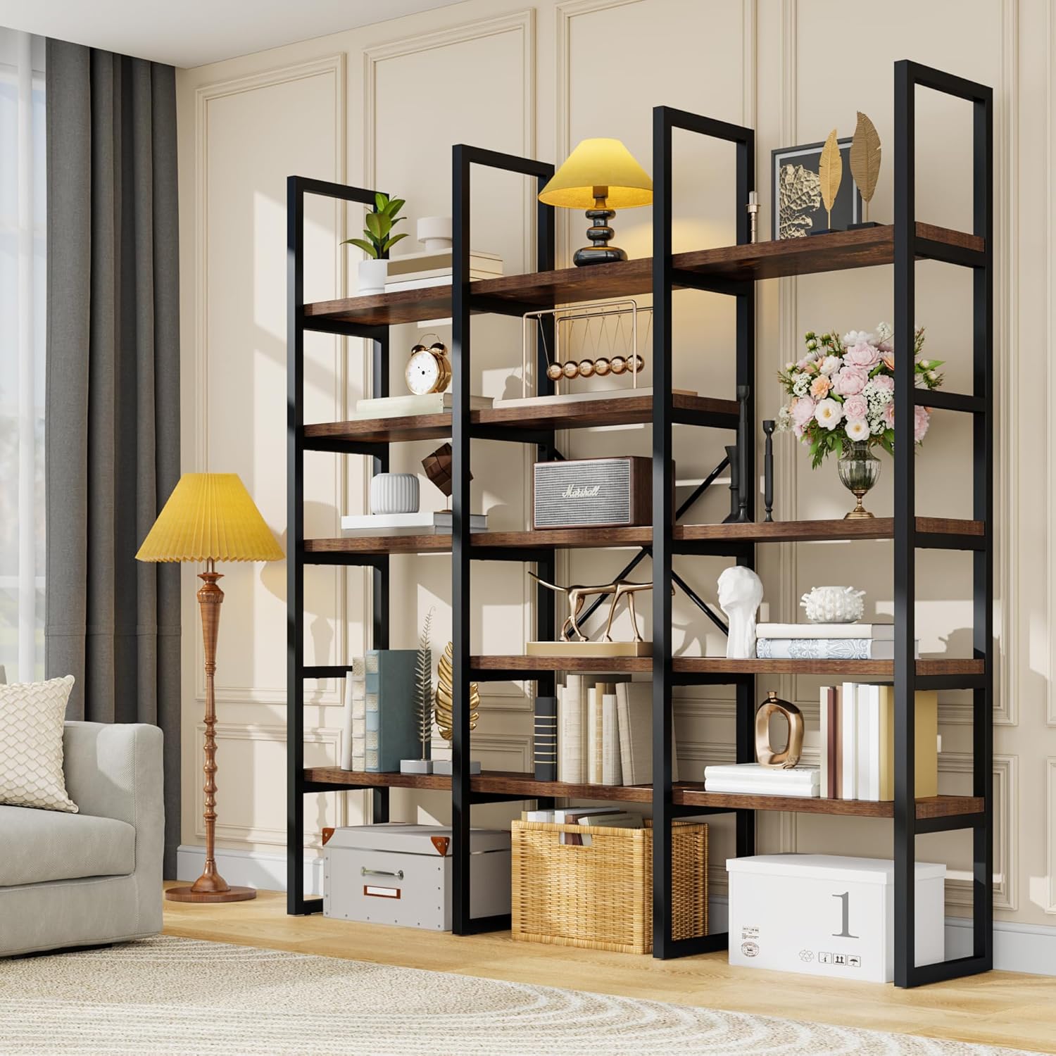 Large Bookshelf 5 Tiers, Triple Wide Geometric Bookcase, 71 Inches Tall Industrial Book Shelves Etagere Book Case, Sturdy Metal Frame, Freestanding Display Shelving Unit, Brown