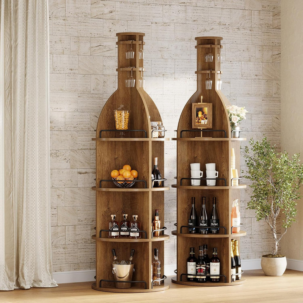 Tribesigns 75-Inch Tall Wine Rack with Storage Shelves, Industrial Round Wine Cabinet with Goblet Holder, Freestanding Bar Liquor Bottle Display Shelf for Living Room, Basement, Brown (Set of 2)