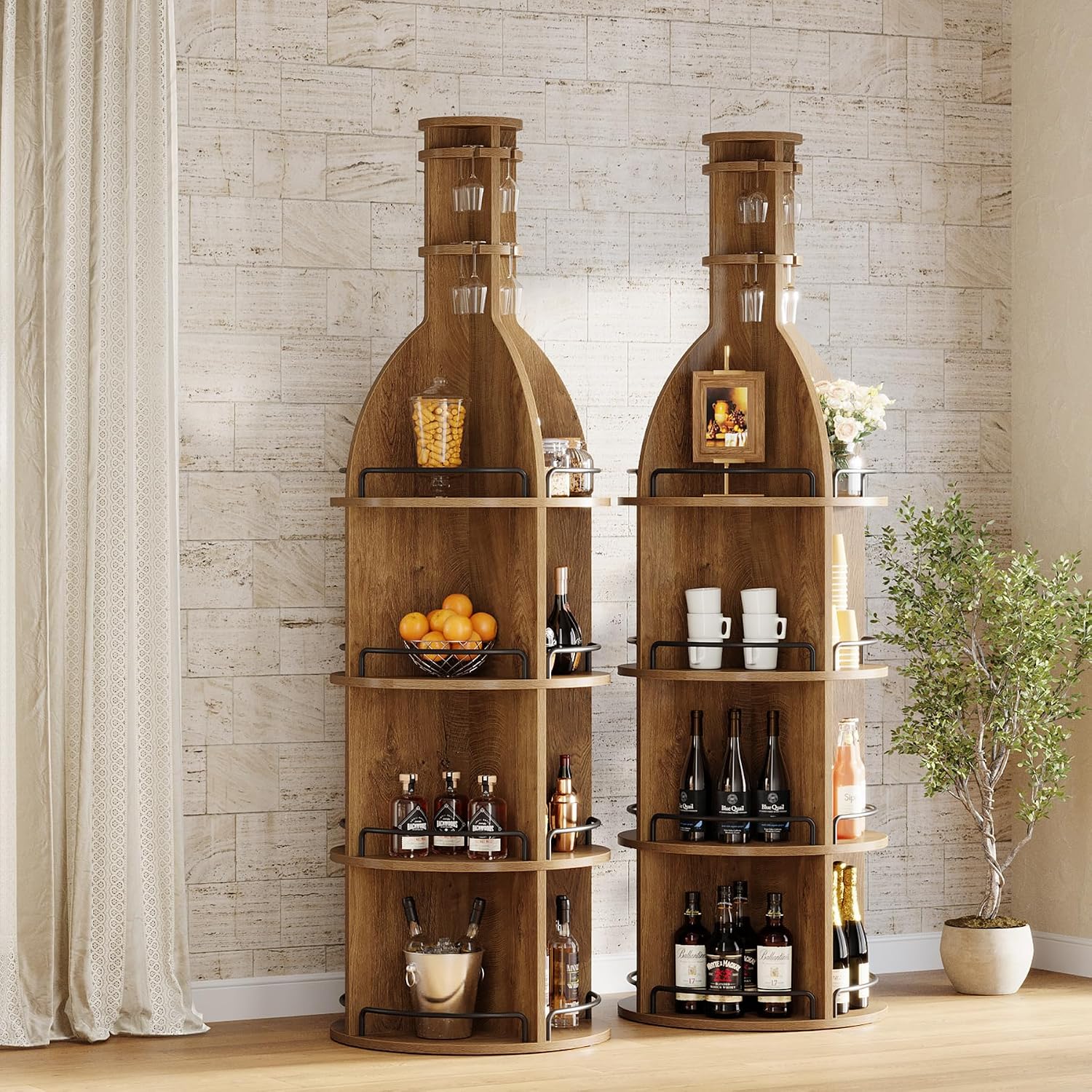 Tribesigns 75-Inch Tall Wine Rack with Storage Shelves, Industrial Round Wine Cabinet with Goblet Holder, Freestanding Bar Liquor Bottle Display Shelf for Living Room, Basement, Brown (Set of 2)