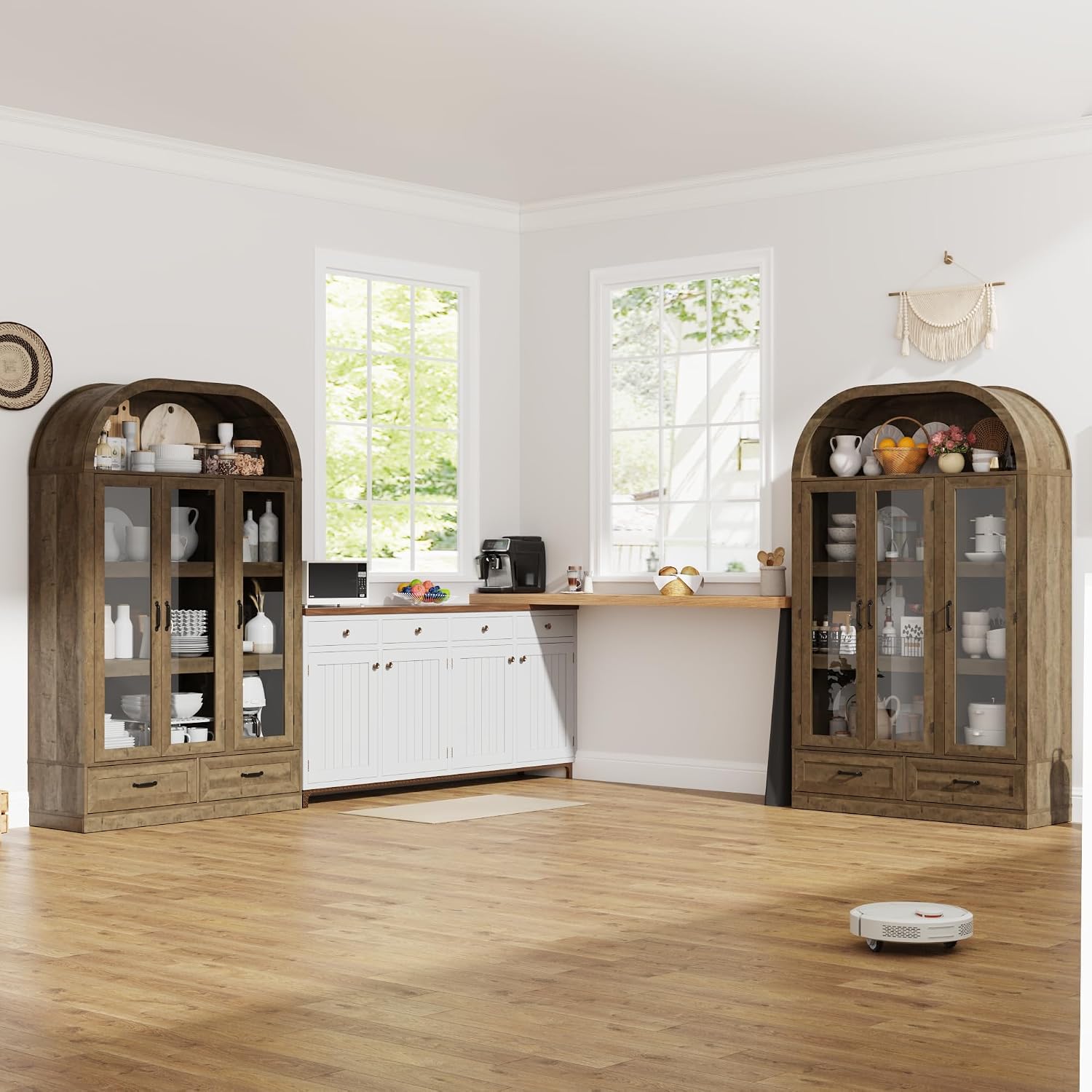 chartustriable 73' Tall Arched Kitchen Pantry Cabinet w Load-Bearing Steel Pipe,Modern Farmhouse Kitchens Storage Cabinet with Drawer and Glass Doors,Tall Arched Bookcase,Pantry Organizer(Natural)