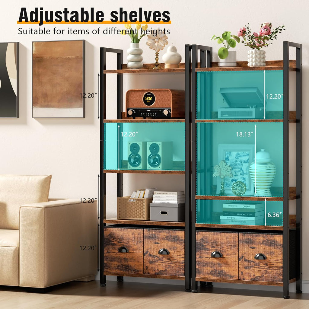 Furologee 5-Tier Bookshelf Set of 2,Tall Bookcase with 2 Drawers and Shelves, Industrial Display Free Standing Shelf Units, Storage Rack Organizer for Bedroom, Living Room, Home Office, Rustic Brown